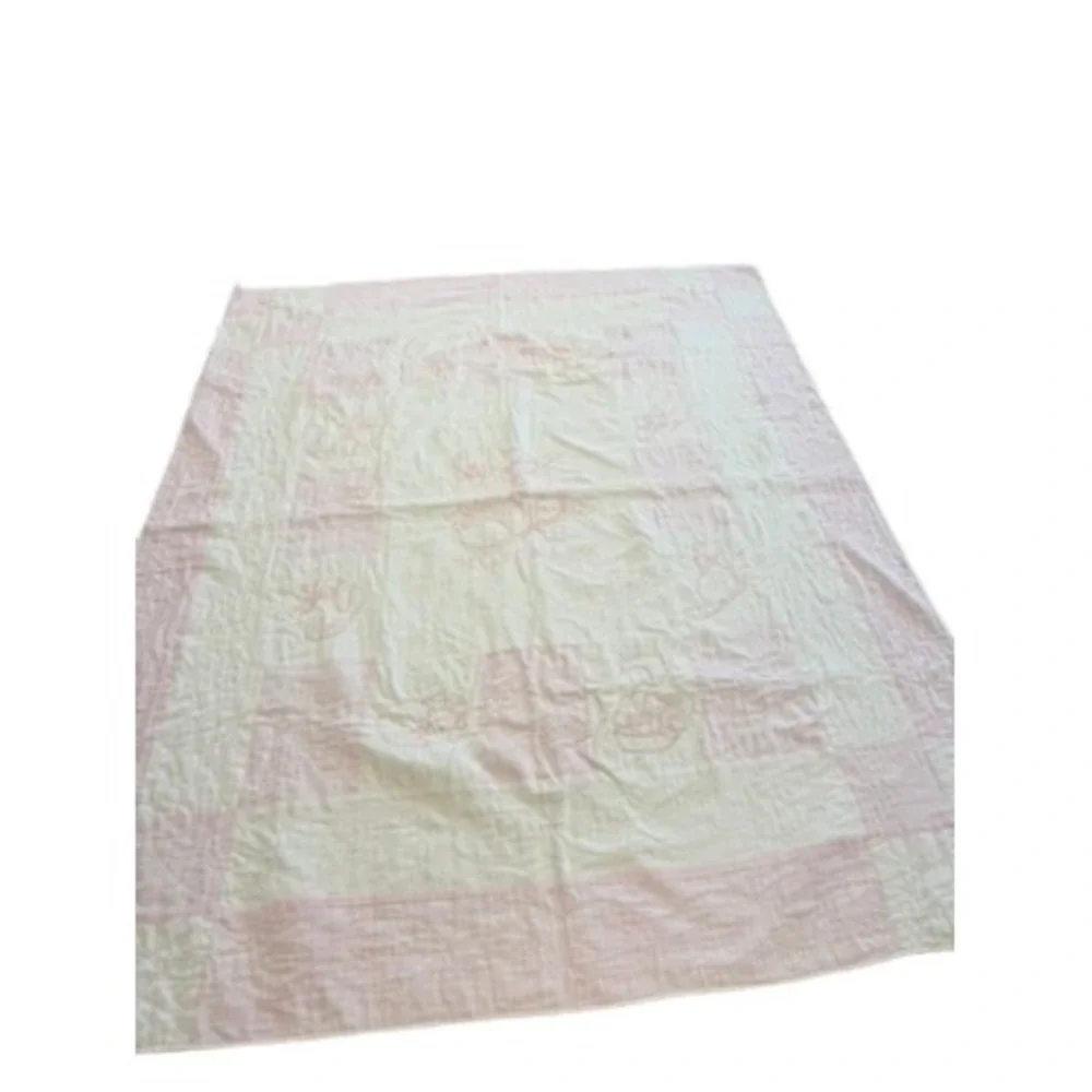 Vintage Hand Embroidered Baby Quilt Pink White Nursery Rhyme Patchwork 54x43